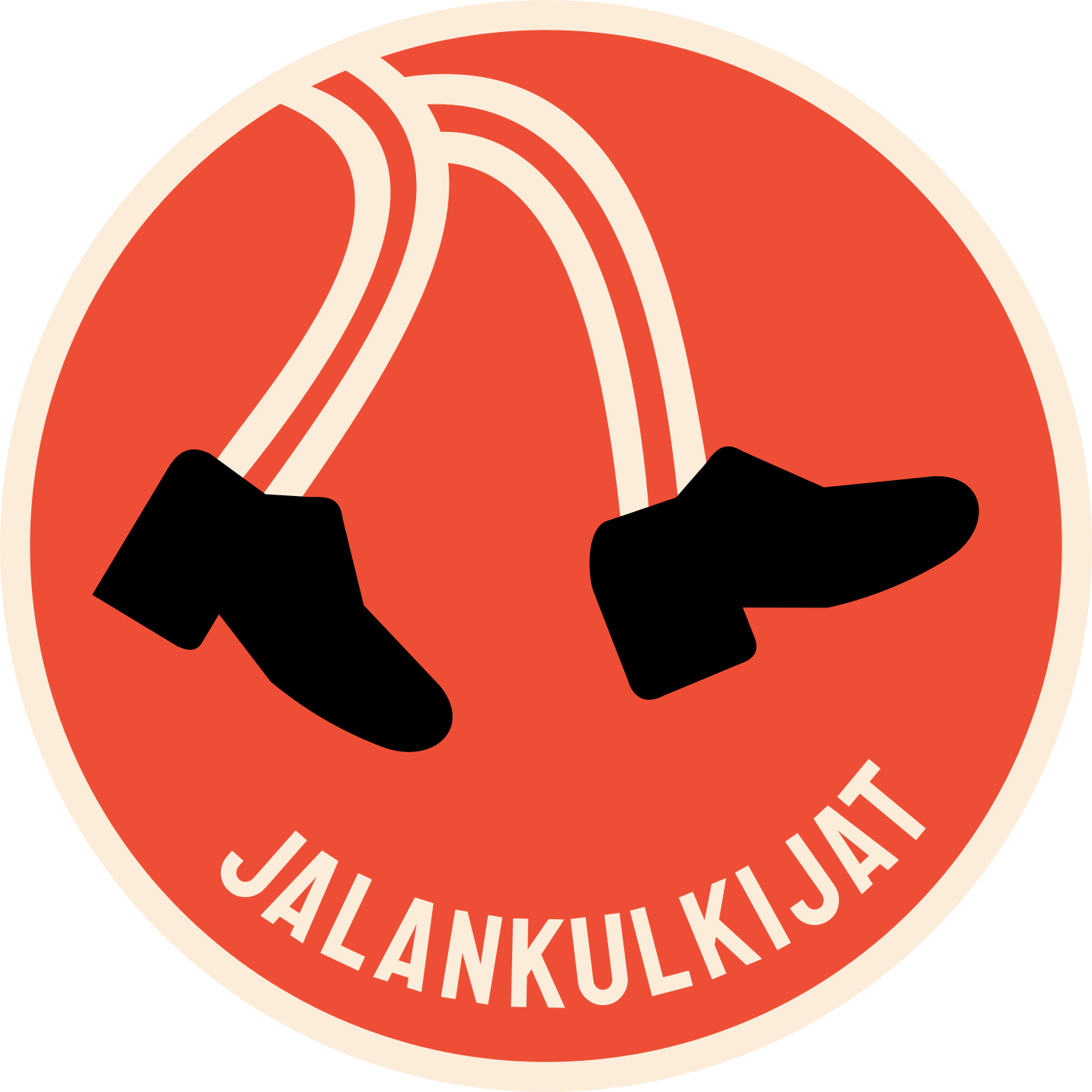 Helsinki Pedestrians' logo. A circle filled with red that has a cream-colored outline. Walking, cartoon legs come down from upper left. Inside the circle along the lower rim there is a text 'Jalankulkijat', which means pedestrians in Finnish.