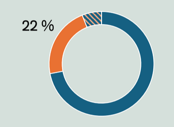 Ympyräkaavio. Oranssi alue vastaa 22 prosenttia. Pieni osa väritetty oranssilla ja sinisellä. Loput sinistä.