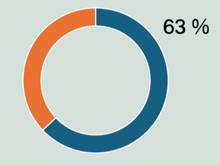 Ympyräkaavio. Sininen alue vastaa 63 prosenttia. Loput oranssia.
