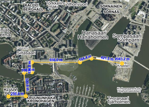Kuvakaappaus. Reitti Kaisaniemenpuistosta Nihtiin. Merihaasta pääsee siltaa pitkin Nihtiin.