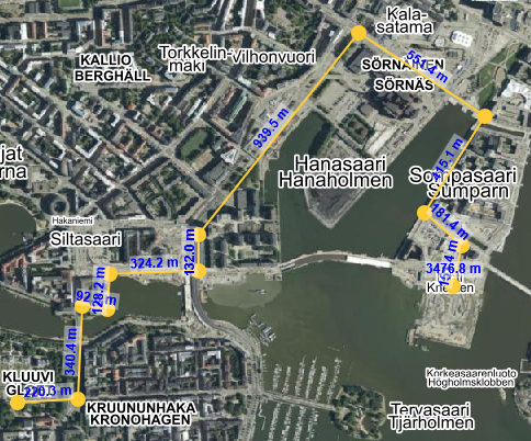 Kuvakaappaus. Reitti Kaisaniemenpuistosta Nihtiin. Matka kiertää Sörnäisten rantatien ja Suvilahden kautta.